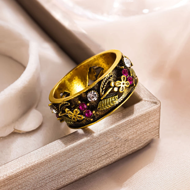 Vintage Multicolor Cutout Flower Ring Plated Ancient Gold Engagement Ring