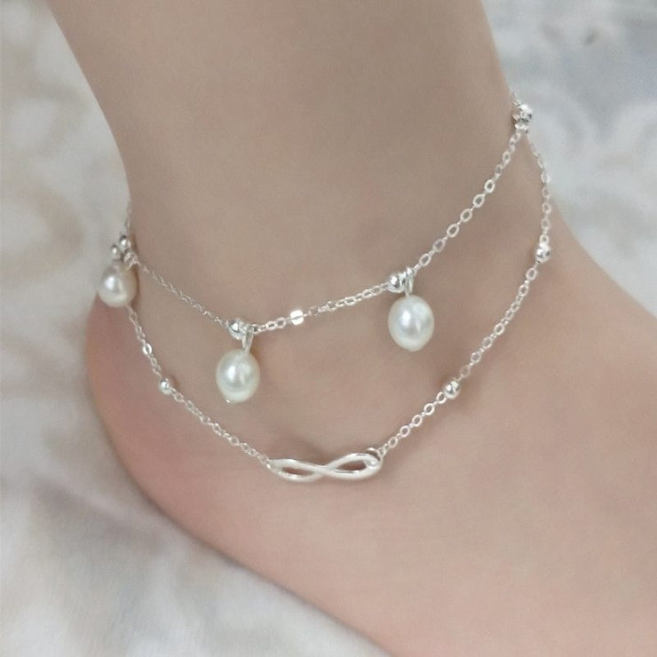 Double Layer Pearl Anklet Women Handmade Beaded Double Chain Anklet