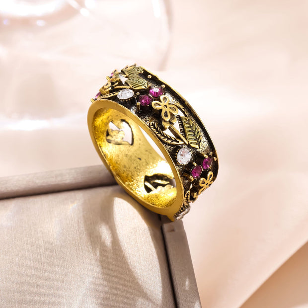 Vintage Multicolor Cutout Flower Ring Plated Ancient Gold Engagement Ring