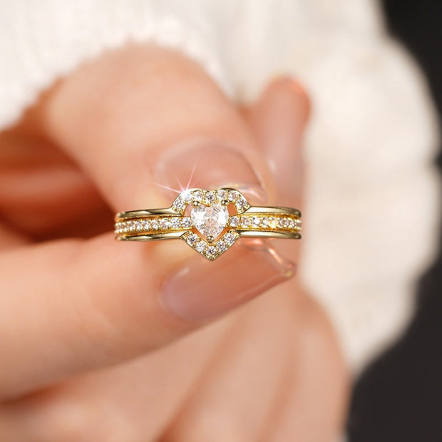 Double Peach Heart Design Ring Female Inlaid Zircon