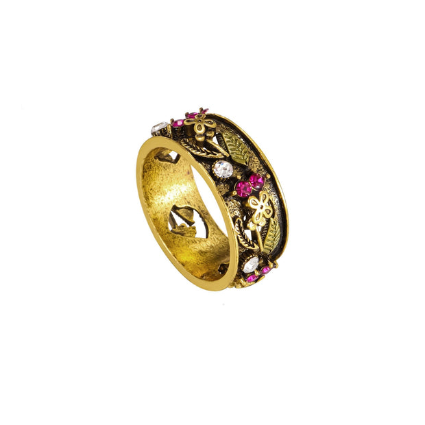Vintage Multicolor Cutout Flower Ring Plated Ancient Gold Engagement Ring