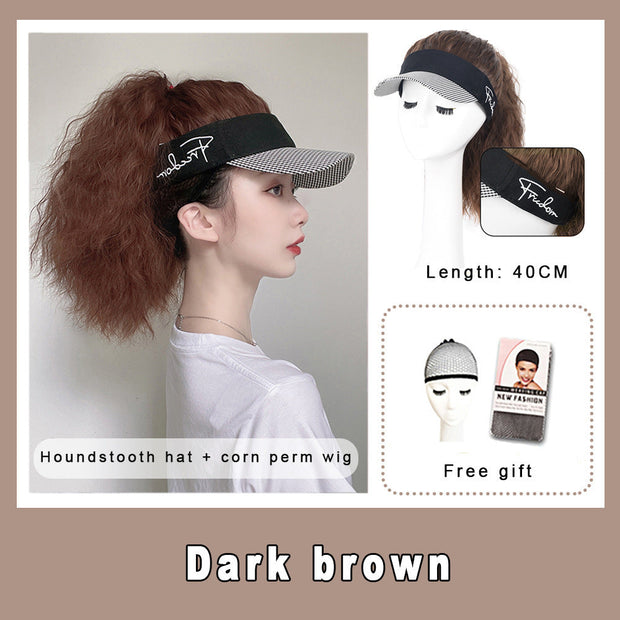 Wig Hat Integrated Women's Fashion Ponytail Wool Fiber Hair Houndstooth Cap Baseball Hat Wig